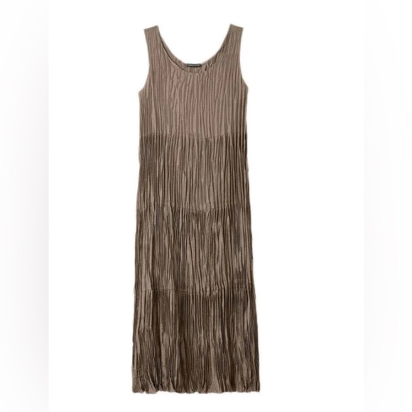 Eileen Fisher Crushed Silk Tiered Midi Dress Brown Size XL Sleeveless - Picture 2 of 14